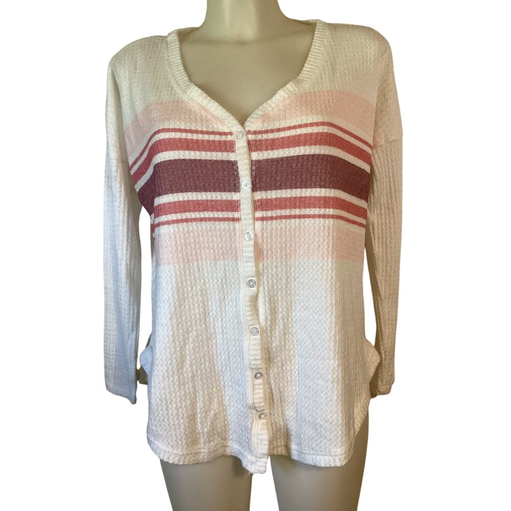 5088 Colsie Womens Sweater Cardigan Button Front Stripe Pink Ivory Knit Size XS